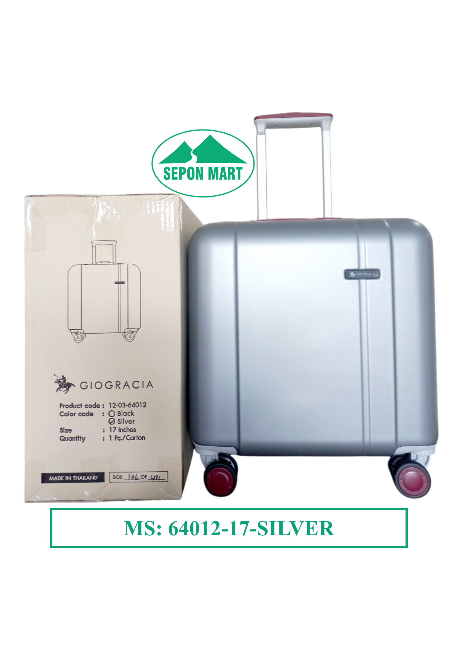Vali Thái Lan - nhãn hiệu Giogracia (Silver - bạc ) size: 17inch (41x24x39.5cm), Mã số: 64012-17SILVER