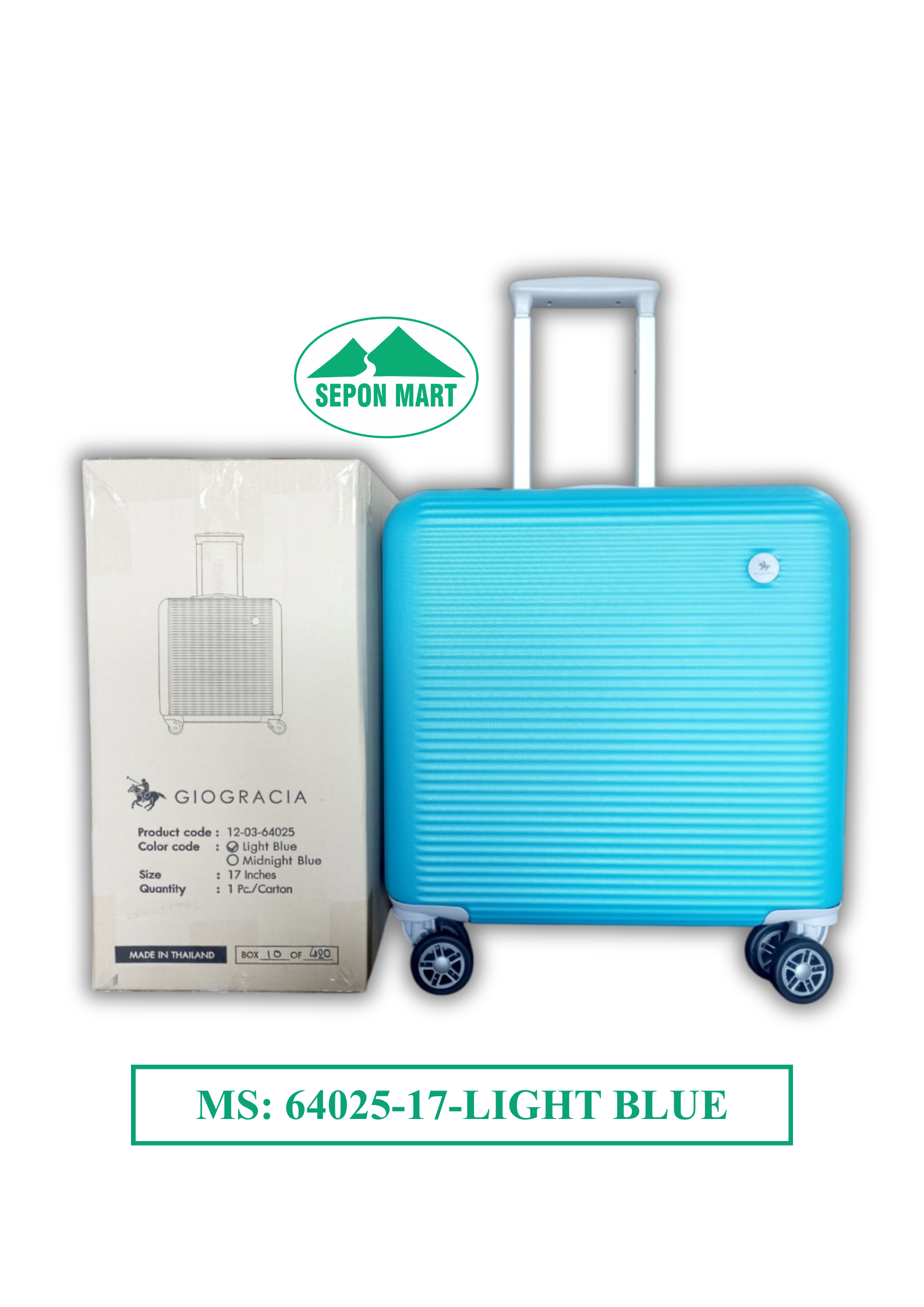 Vali Thái Lan - nhãn hiệu Giogracia (Light Blue - xanh dương) size: 17 inch (41.5x24x40cm), Mã số: 64025-17LIGHTBLUE