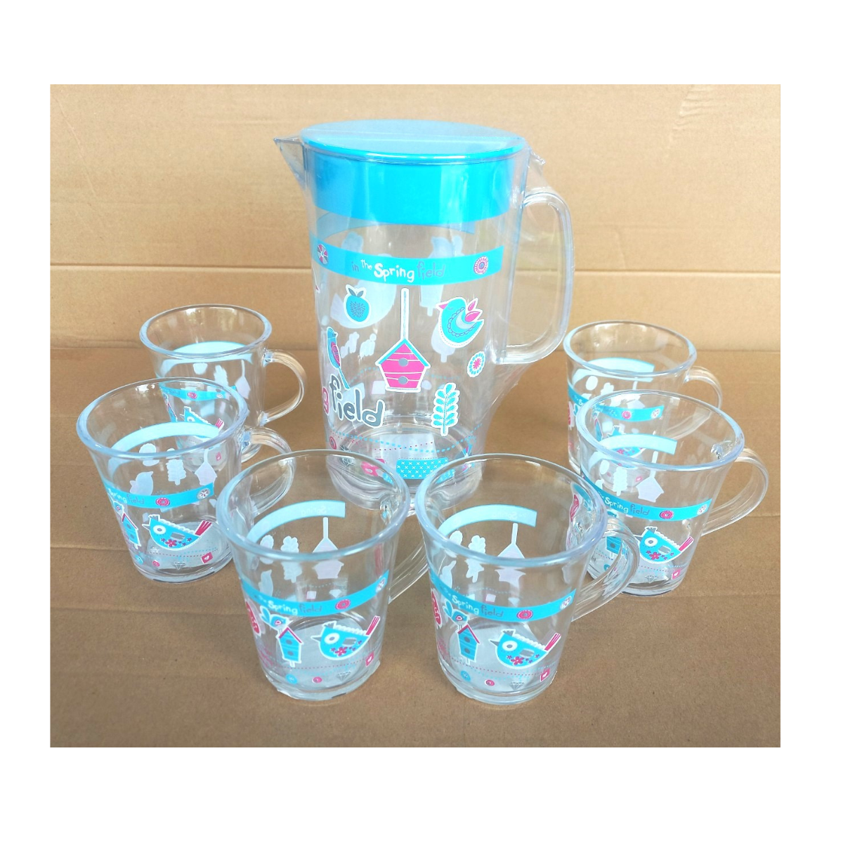 Bộ ca đựng nước 1,85 lít + 6 ca uống nước x300ml (nhựa trong có hoa văn), Mã số: PN411E + PN1051E