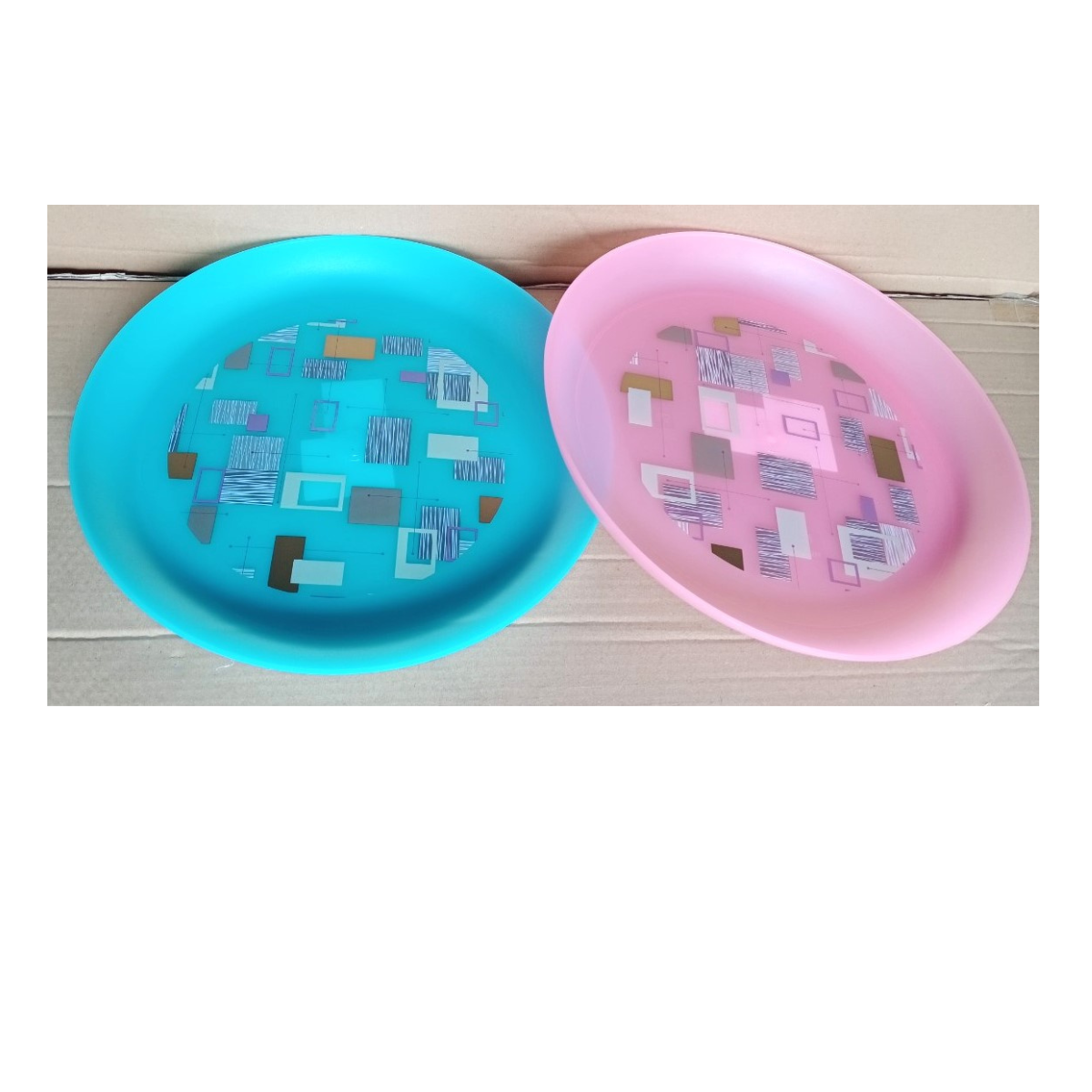 Khay tròn đựng ly tách, trái cây nhựa trong có hoa văn (32x3.5cm), Mã số: BS5315